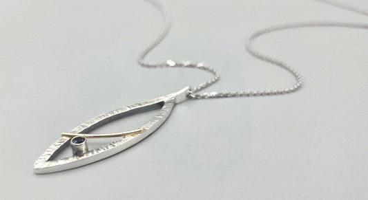 Silver and Gold, Mixed Metal Marquise Pendant with London Blue Topaz