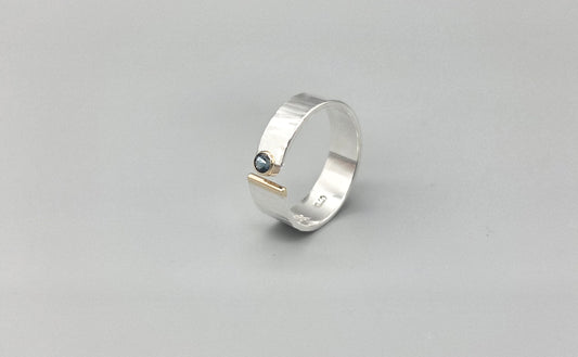 Silver and Gold Open Design Band London Blue Topaz Ring