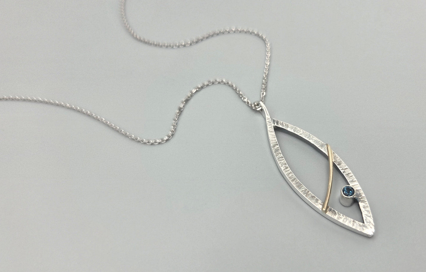 Silver and Gold, Mixed Metal Marquise Pendant with London Blue Topaz