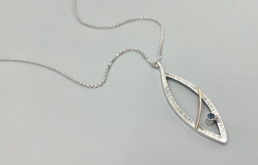 Silver and Gold, Mixed Metal Marquise Pendant with London Blue Topaz