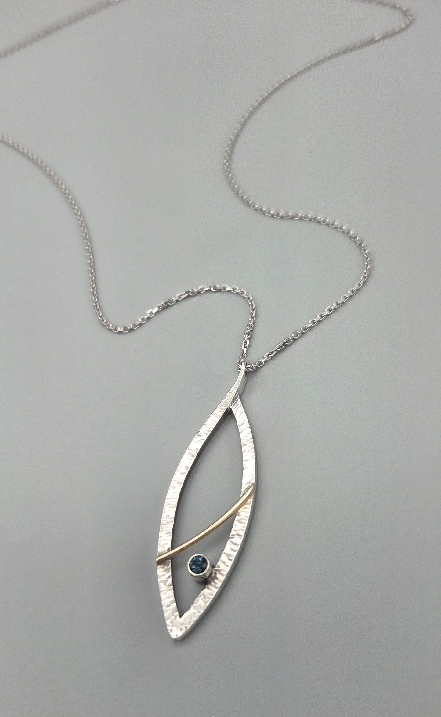 Silver and Gold, Mixed Metal Marquise Pendant with London Blue Topaz