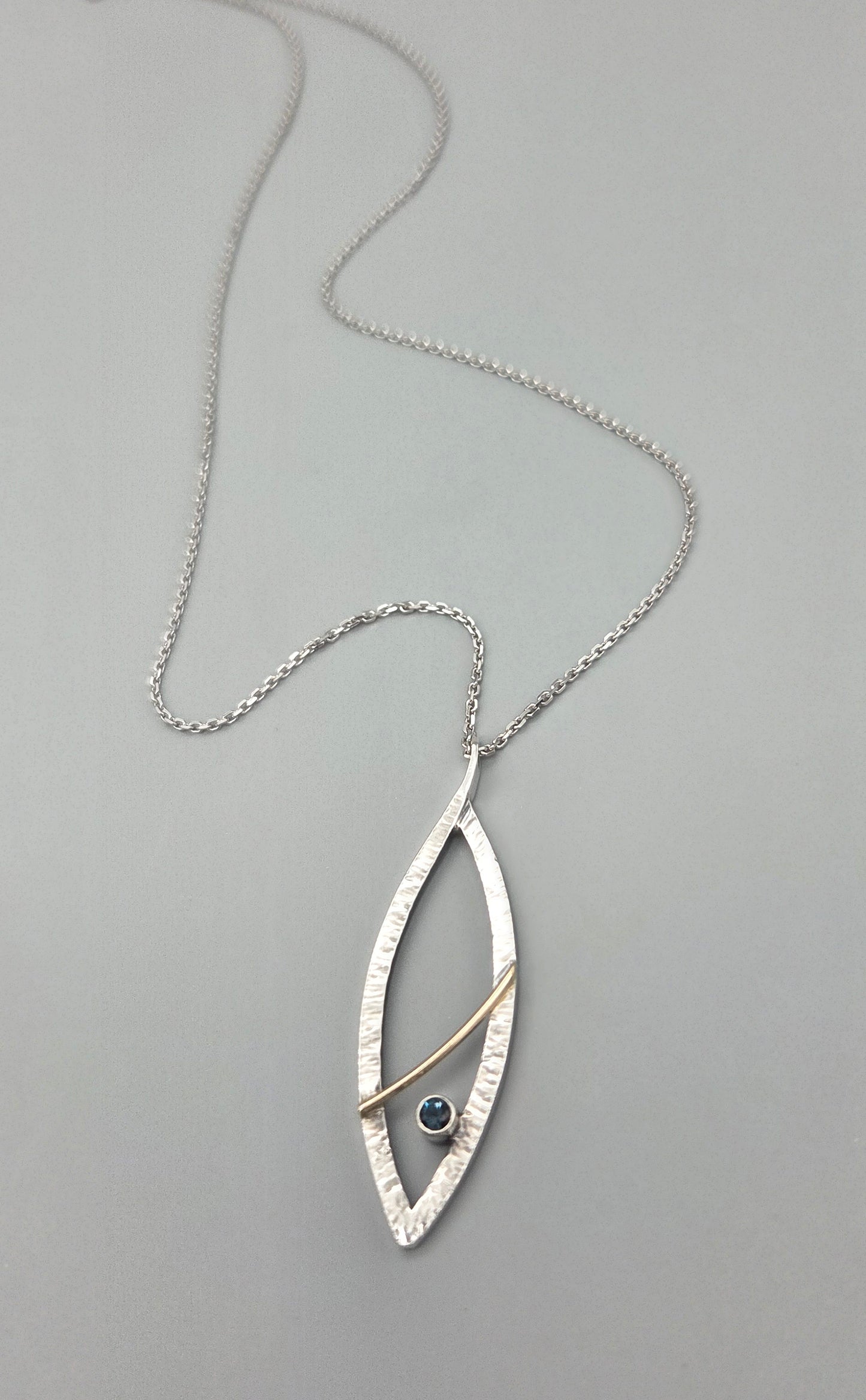 Silver and Gold, Mixed Metal Marquise Pendant with London Blue Topaz