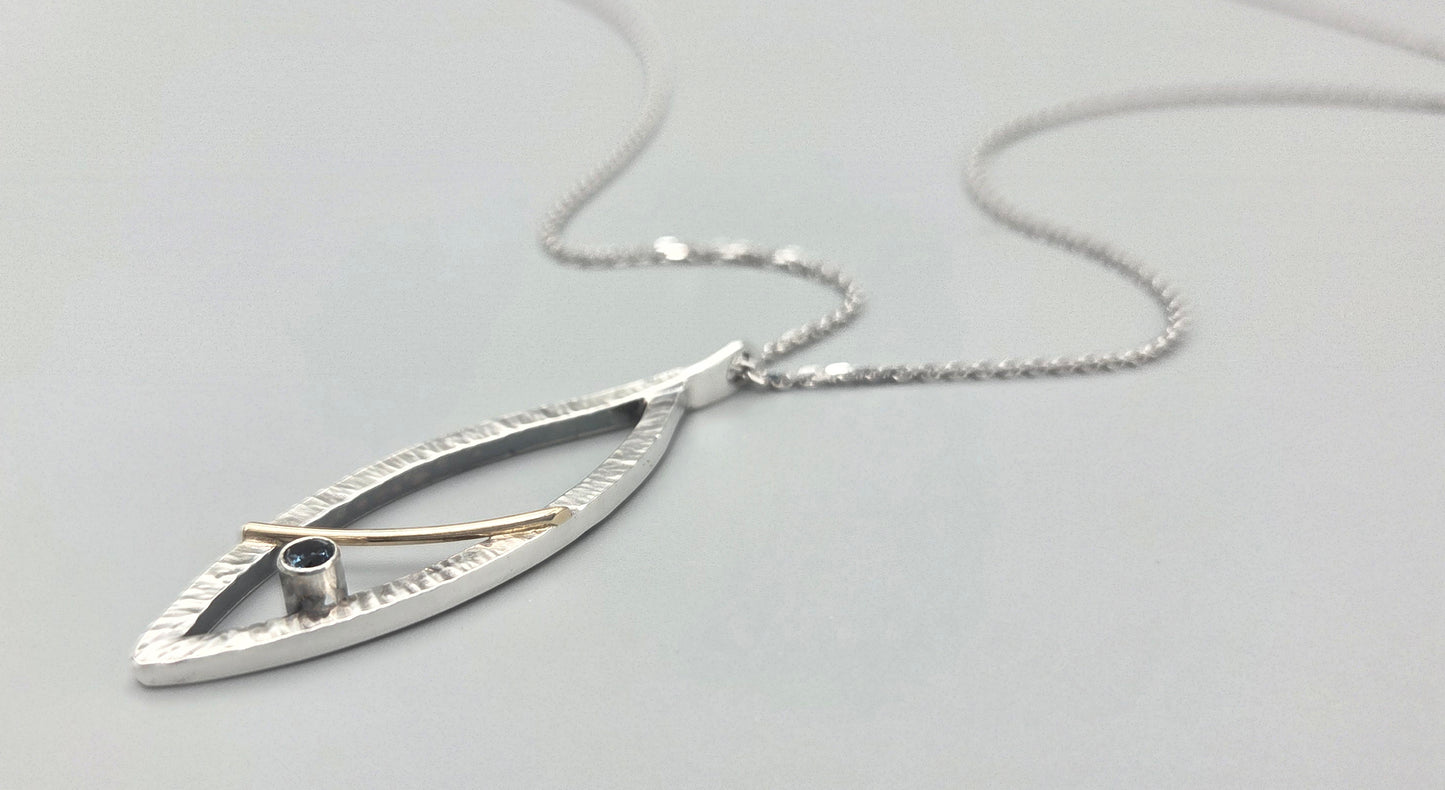Silver and Gold, Mixed Metal Marquise Pendant with London Blue Topaz
